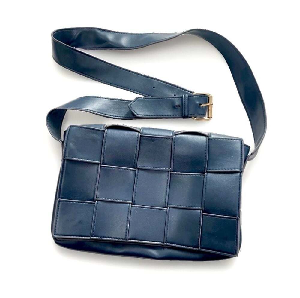 Sondra Roberts Navy Blue Woven Crossbody Bag Soft Faux Leather Adjustable Strap